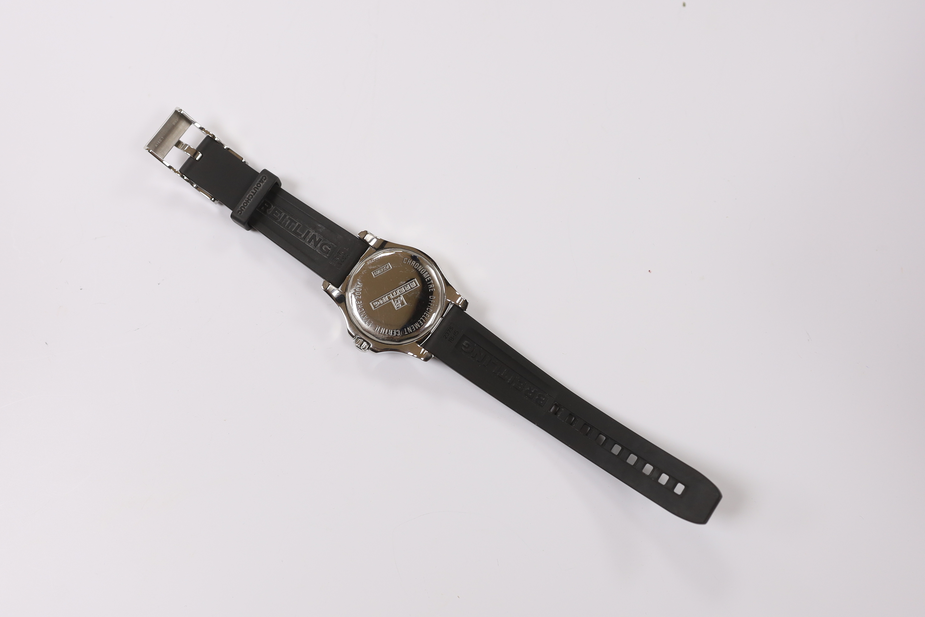 A lady's modern stainless steel Breitling Colt Chronometer quartz wrist watch, with Breitling strap, two spare straps, box and original receipt.